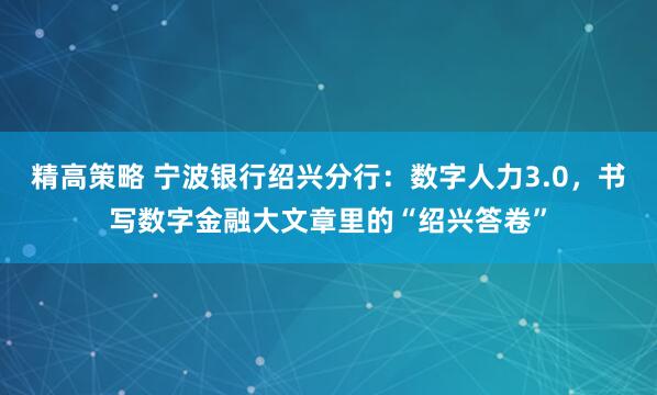 精高策略 宁波银行绍兴分行：数字人力3.0，书写数字金融大文章里的“绍兴答卷”